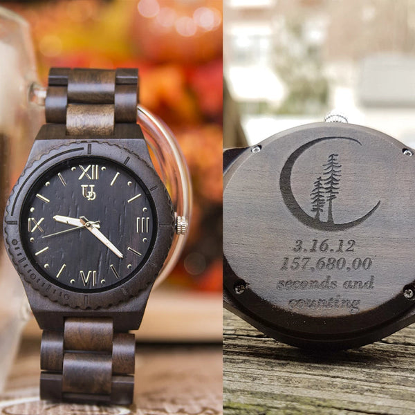 One Year Anniversary Gifts for Him: Engraved Exotic Dark Round Wood Watch