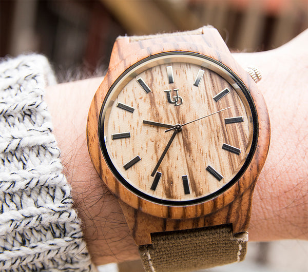 UD Engraved Watch Wood Watch with Genuine Leather/Canvas Watch Band