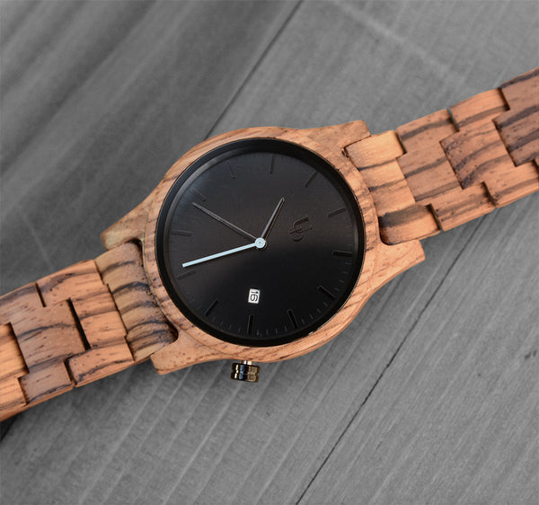 Timeless Elegance: Engraved Zebra Round Wood Watch with Date Display