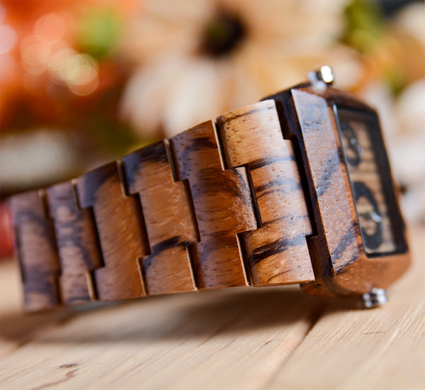 UXD Engraved Dual Panel Square Zebra Wood Watch For Men
