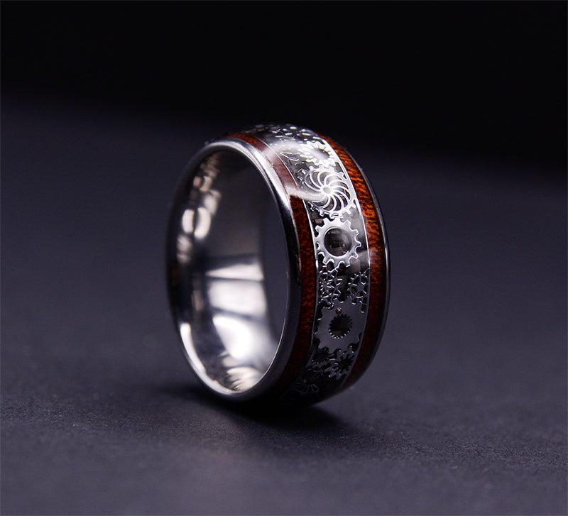 Steampunk Gear Wheel Tungsten Ring With Koa Wood Inlay