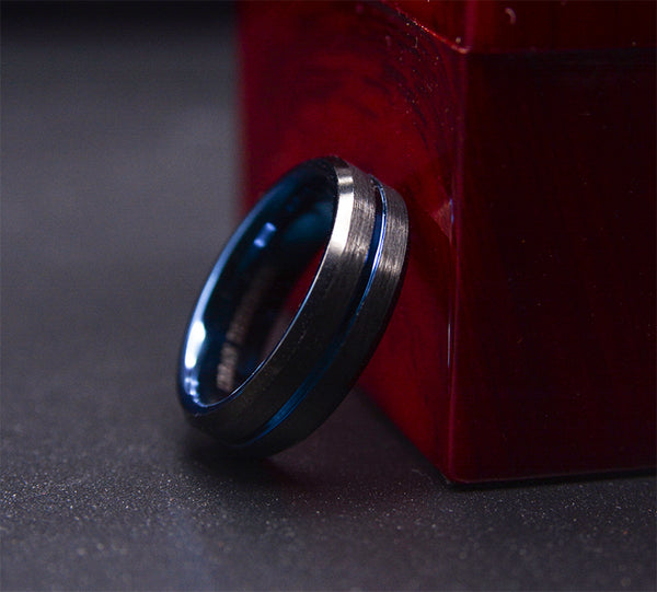 6mm Dark Tungsten Wedding Band with Striking Blue Accents