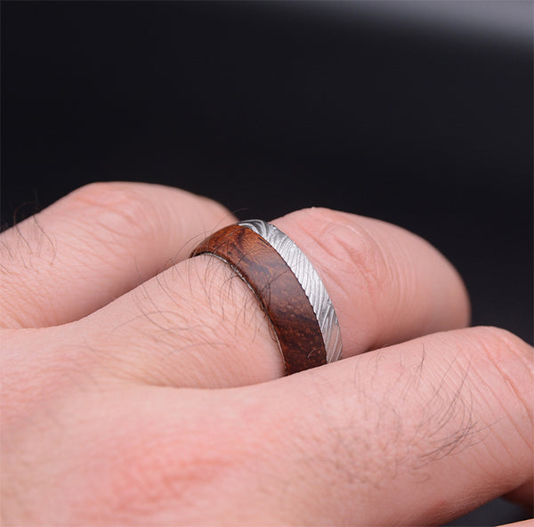 Contemporary 8mm Men's Wedding Ring: Damascus Steel & Bubinga Wood