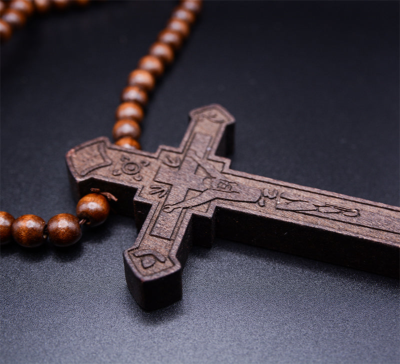 Large Wood Cross Necklace for Men with Jesus Christ Pendant