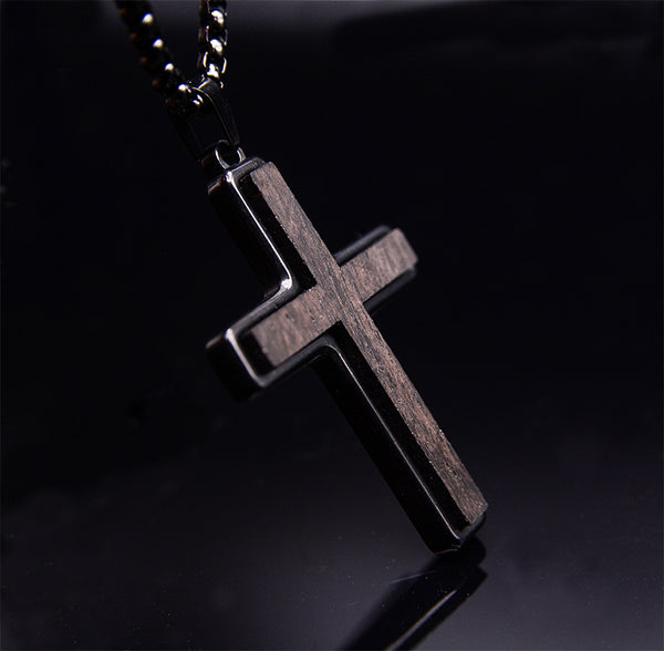 Black Stainless Steel Men's Cross Necklace with Ebony Wood Pendant