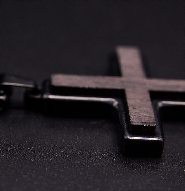 Black Stainless Steel Men's Cross Necklace with Ebony Wood Pendant
