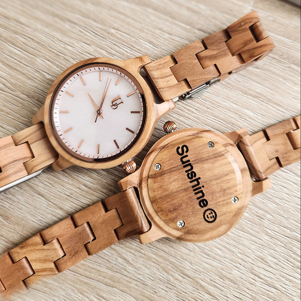 Minimalist Round Wooden Watch For Women With Pink Face and Wood Band