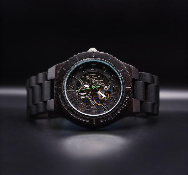UXD Premium Eco-Friendly Automatic Mechanical Dark Round Wooden Watch For Men