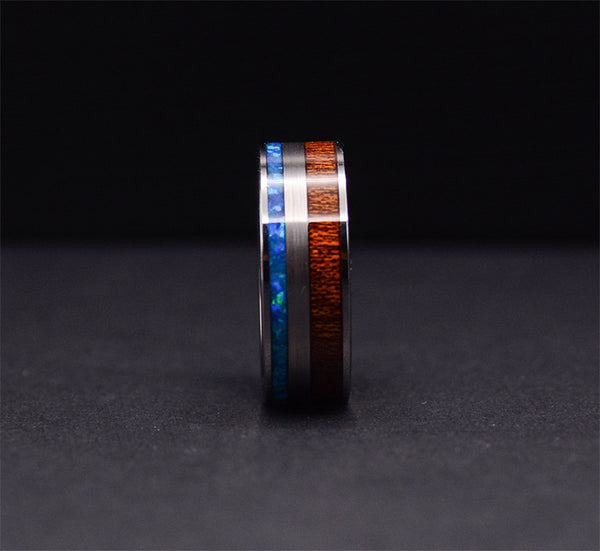 Sleek and Stylish: Men's Tungsten Carbide Wood Wedding Ring with Blue Opal Inlay