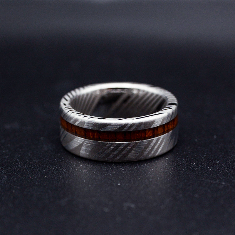 TimberForge Wedding Band Koa Wood Inlay Damascus Steel