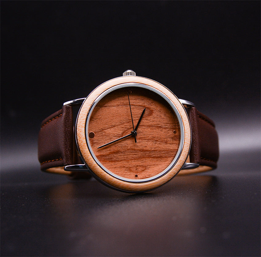 Minimalist stainless steel natural wooden watch premium leather band