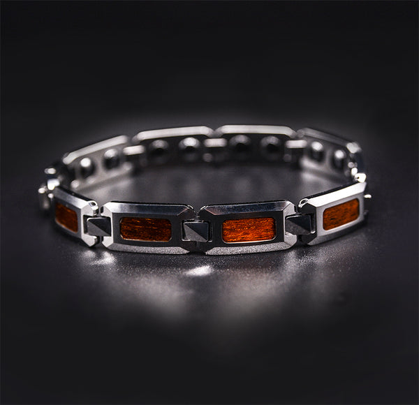 Sleek Men's Tungsten Carbide Link Bracelet: Wood Inlay Magnetic Silver Wristband