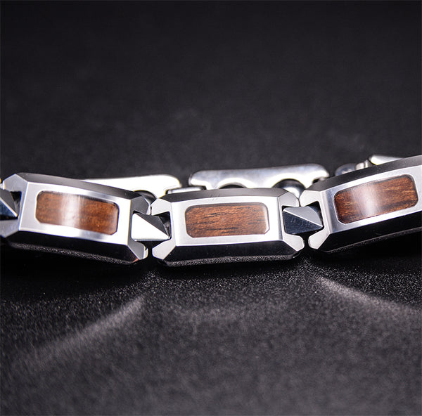 Men's Wood Inlay Polished Tungsten Carbide Link Bracelet Magnetic Silver Tone Wristband