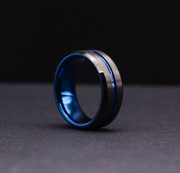 Eternal Commitment: Dark Tungsten Wedding Ring Sets Enhanced with Striking Blue Accents