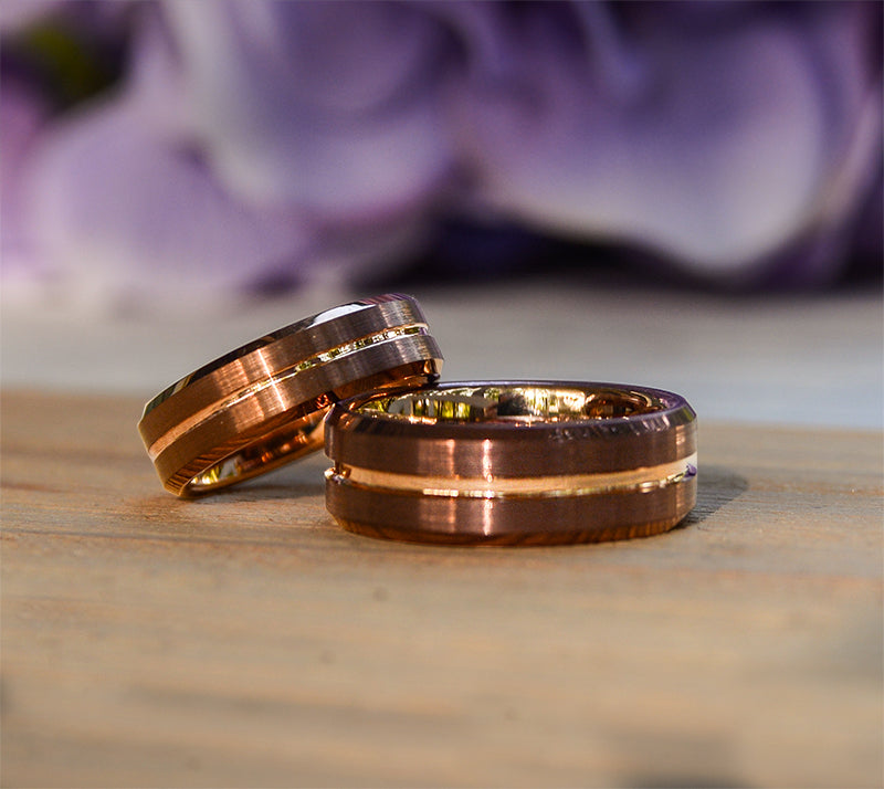 Urban Designer Match His and Hers Coffee & Rose Gold Tungsten Ring