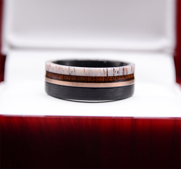 Sophisticated Men's Tungsten Ring with Rose Gold Stripe and Koa Wood Inlay