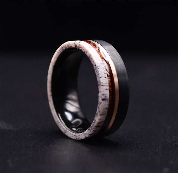Sophisticated Men's Tungsten Ring with Rose Gold Stripe and Koa Wood Inlay