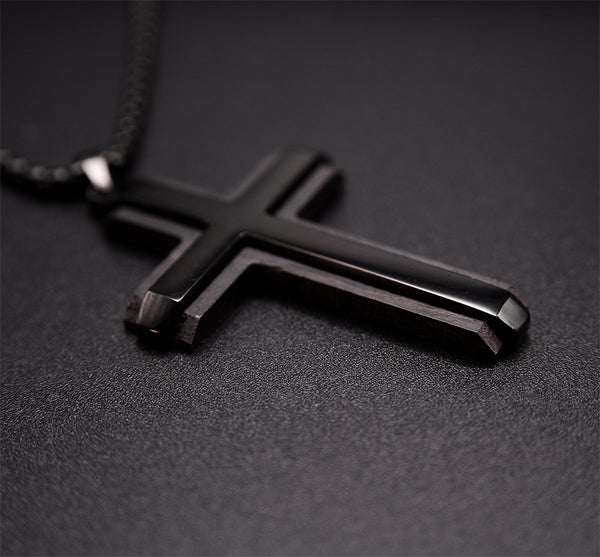 EbonFaith Stainless Steel Men's Cross Necklace with Ebony Wood