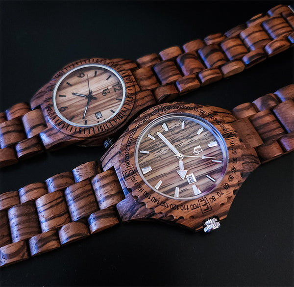 UD Personalized/Engraved His and Her Round Zebra Wooden Watches With Date Display