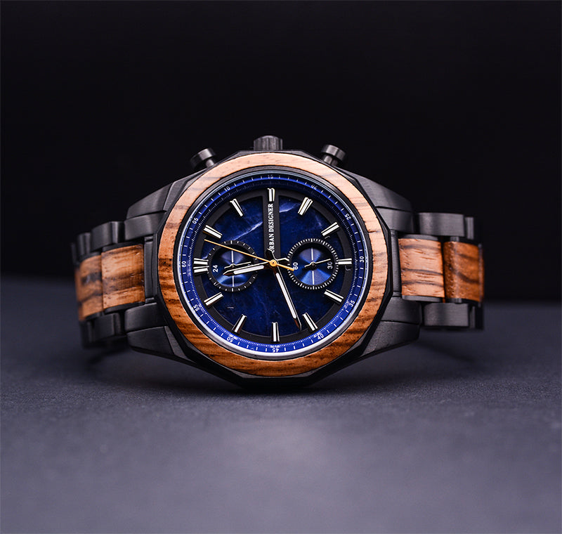 Blue marble face zebra wooden watch for men with wood stainless