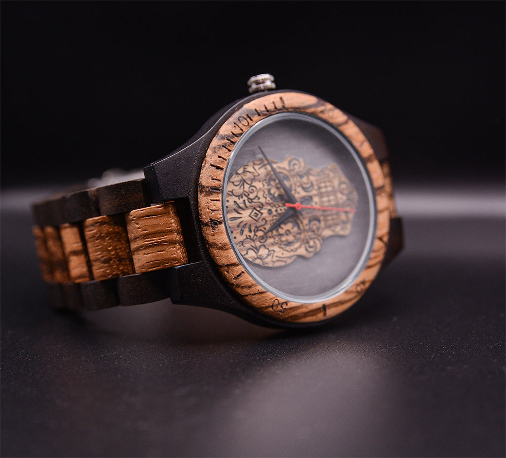 Mens Skeleton Watch, Round Wooden Watch With Skeleton Face, Wood