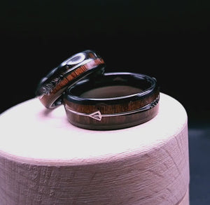 Wooden Rings: Black Tungsten Ring Sets with Koa Wood Inlay and Sleek Silver Feathered Arrow | Urban Designer