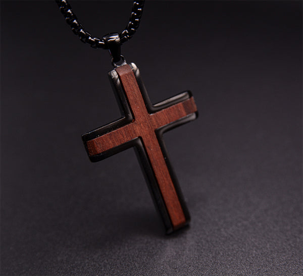Noir Devotion Stainless Steel Men's Cross Necklace with Rose Wood