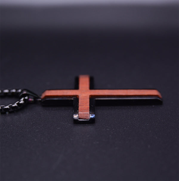 Noir Devotion Stainless Steel Men's Cross Necklace with Rose Wood