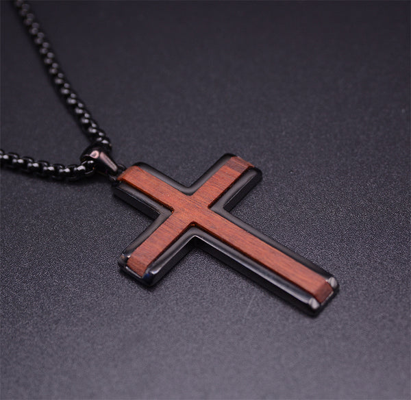 Noir Devotion Stainless Steel Men's Cross Necklace with Rose Wood