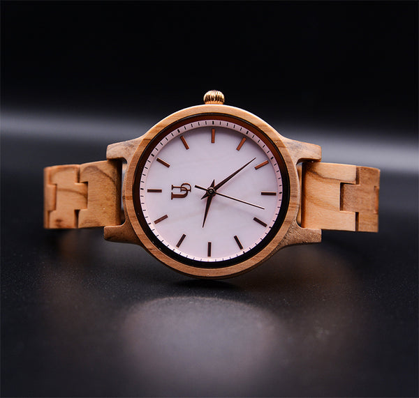 Minimalist Round Wooden Watch For Women With Pink Face and Wood Band