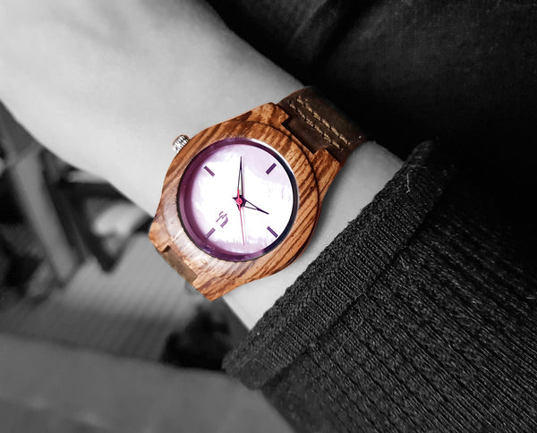 UD Ladies Personalized/Engraved Exotic Zebra Wood Face Watch with Premium Leather Strap