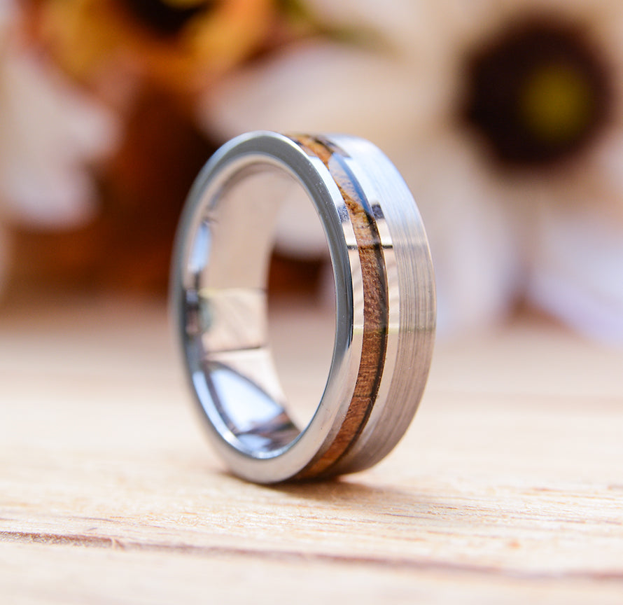Tungsten Carbide Ring Brushed Wedding Band Wood Inlay Comfort Fit