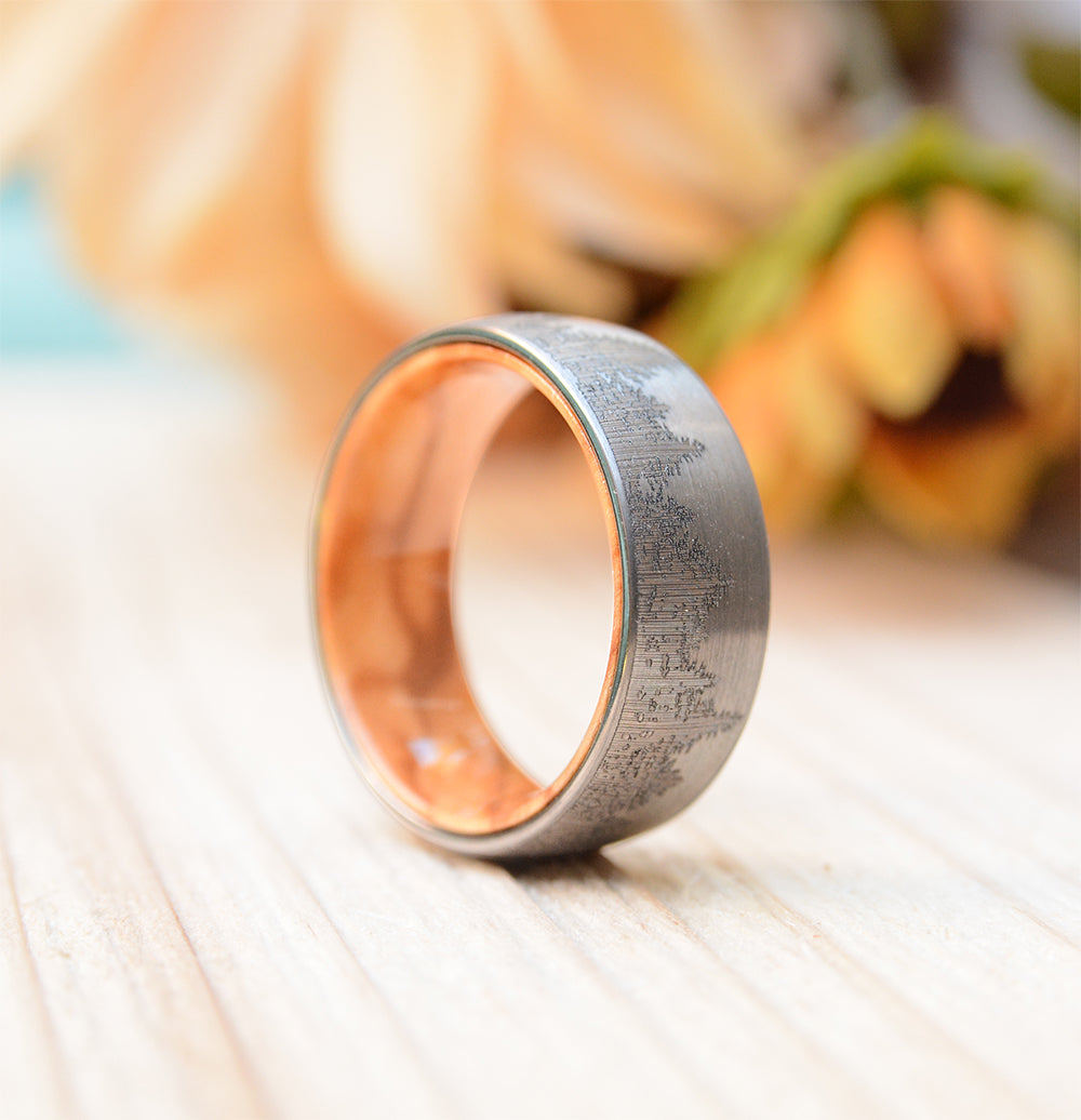 Wedding Rings For Men Tungsten Ring Lasered Forest Landscape Men's Brushed Wedding Band with Olive Wood Sleeve