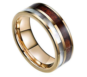 Mens Gold Plated Tungsten Carbide Ring Real KOA Wood Rare White Shell Inlay Wedding Band