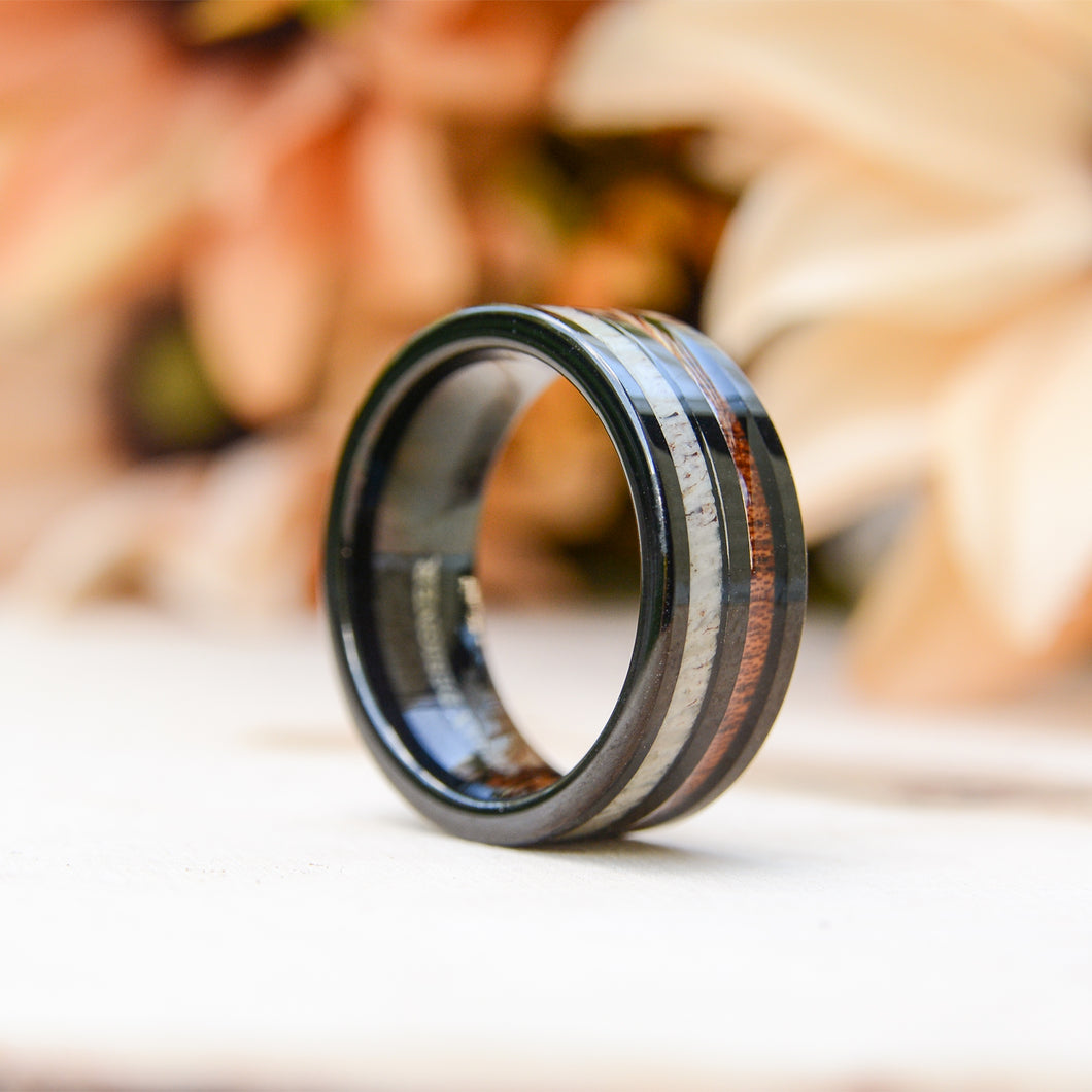 Wooden Rings - Antler and Wood Inlay Black Tungsten Ring, Wood Wedding Band For Men