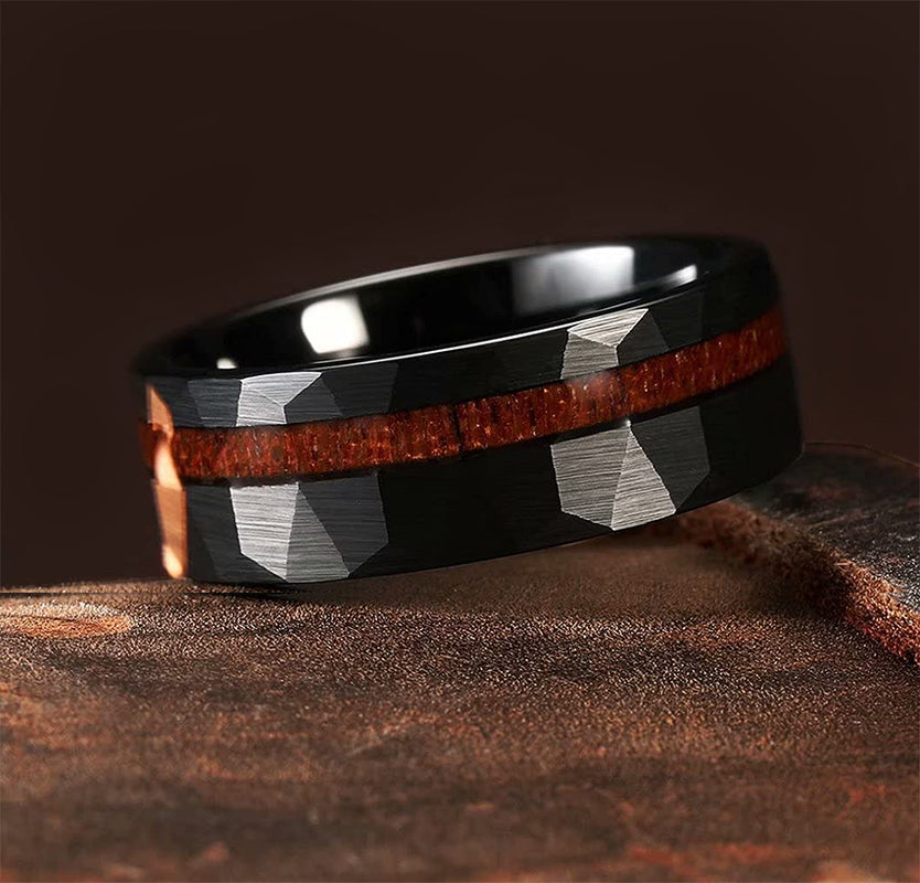 Wedding Rings for Men: Dark Tungsten Wedding Band With Koa Wood Inlay and Hammered Texture, Mens Wedding Rings, Wooden Rings, Hammered Rings