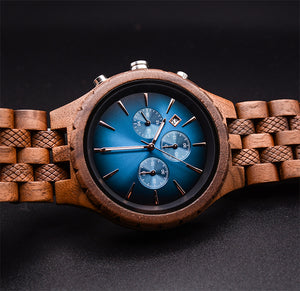 Classic Engraved Mens Dark Wood Watch With Blue Face