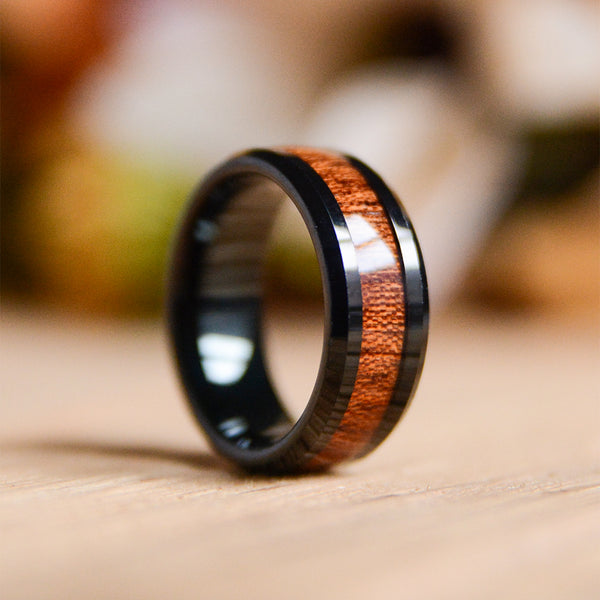 Wooden Rings 8mm Mens Tungsten Wedding Bands with Koa Wood Inlay Black Tungsten Wood Ring | Urban Designer 