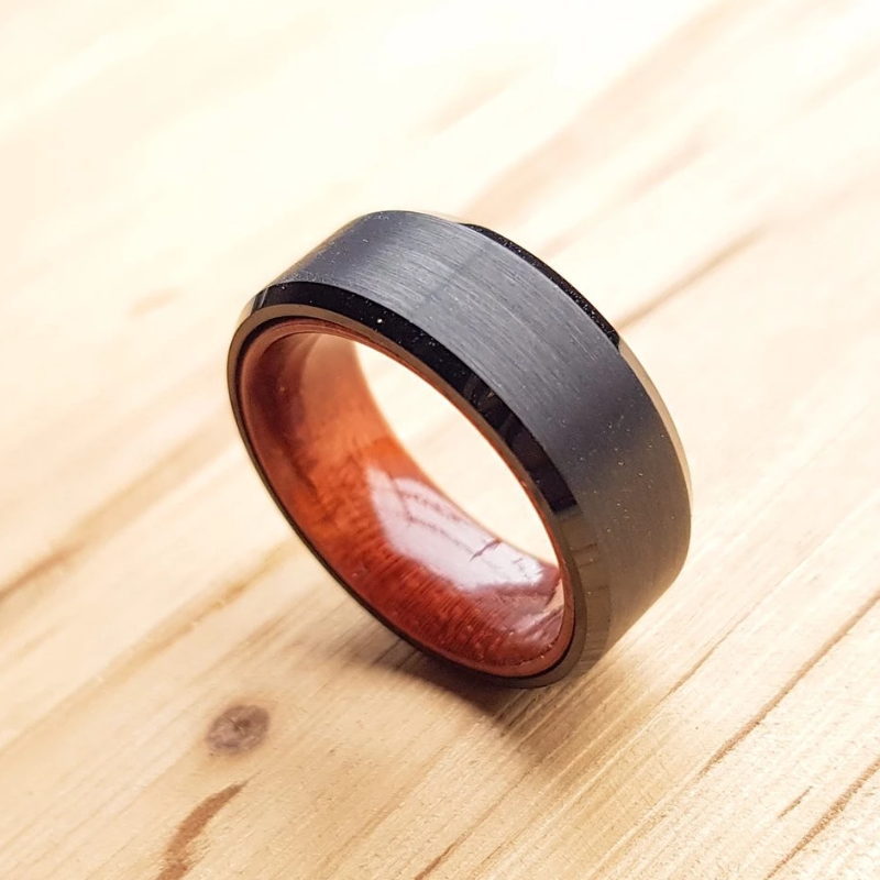 Tungsten Carbide Wedding Band Inlay Real Wood Brushed Center Beveled Style