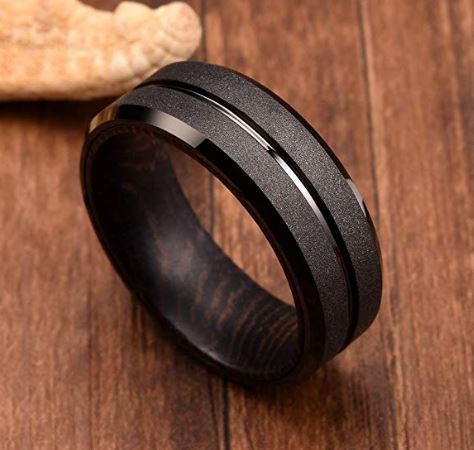 Black Tungsten Carbide Wedding Ring Wood Inlay Grooved Center Matte Finished