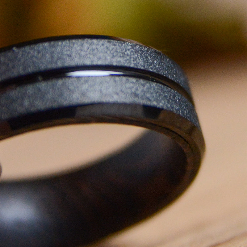 Black Tungsten Carbide Wedding Ring Wood Inlay Matte Finished