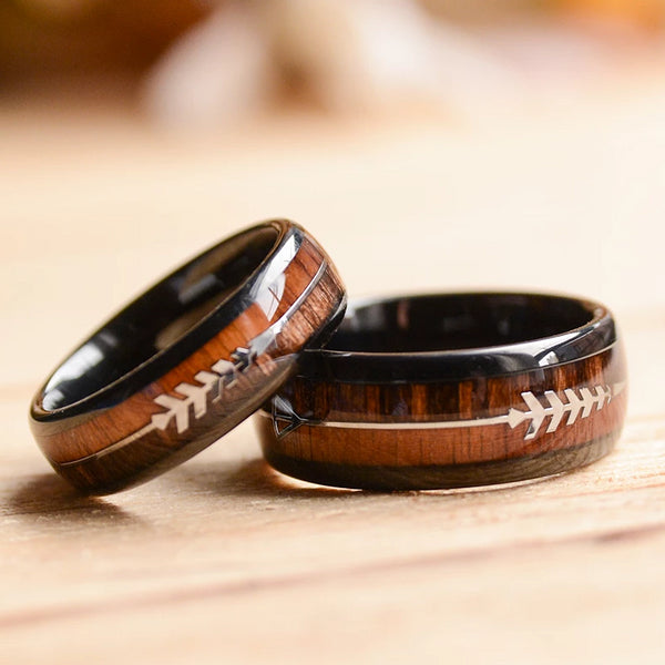 Wooden Rings: Black Tungsten Ring Sets with Koa Wood Inlay and Sleek Silver Feathered Arrow | Urban Designer