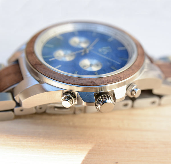 Blue Heart Chronograph Wood Watch For Men With Blue Marble Face