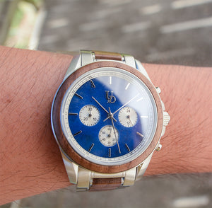 Blue Heart Chronograph Wood Watch For Men With Blue Marble Face
