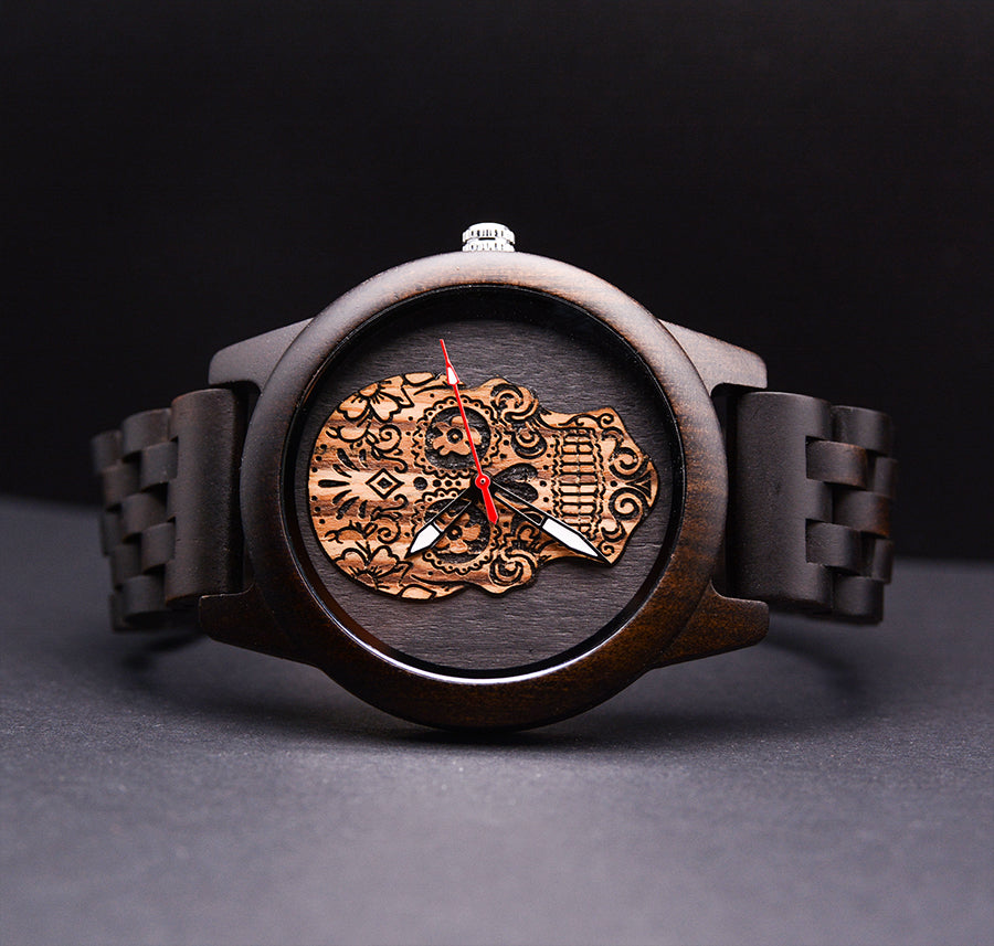 Mens Skeleton Watch, Round Wooden Watch With Skeleton Face, Wood Watch Men, Skeleton Watch Mens, Engraved Watch
