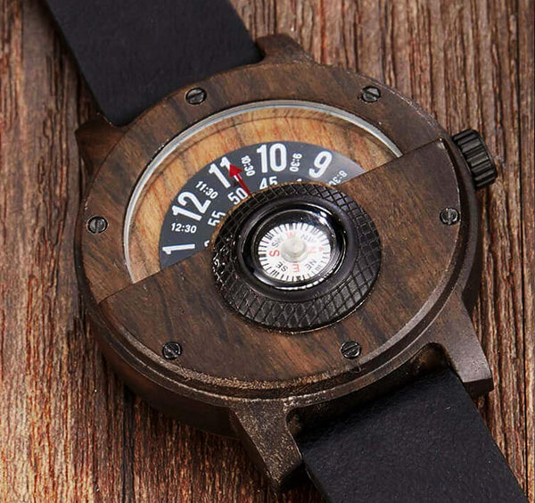 UXD Handmade Compass Wooden Watch For Men With Leather Strap
