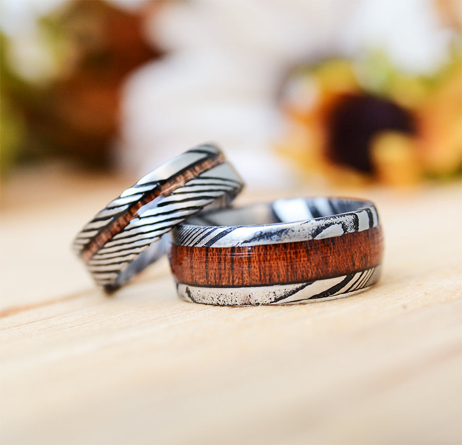Promise Rings for Couples: Damascus Steel Pattern Wedding Band Set with Koa Wood Inlay | Urban Designer