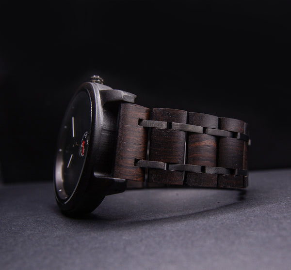 Mens Minimalist Round Black Wooden Watches/Wood & Stainless Steel Combined Watch Band,Wood and Metal Watch