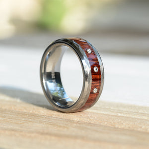 Diamond Tungsten Rings with Wood Inlay and Hammered Texture
