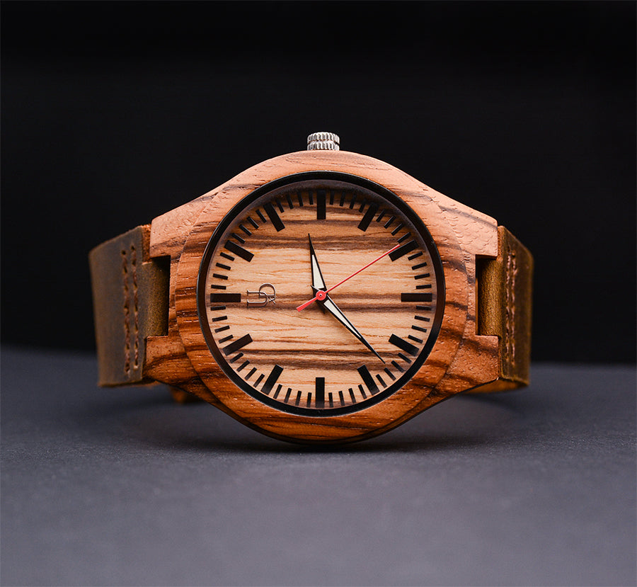 Gifts For Men Wood Watches Personalized Engraved Exotic Zebra Wood Face Watch With Leather Band I Urban Designer
